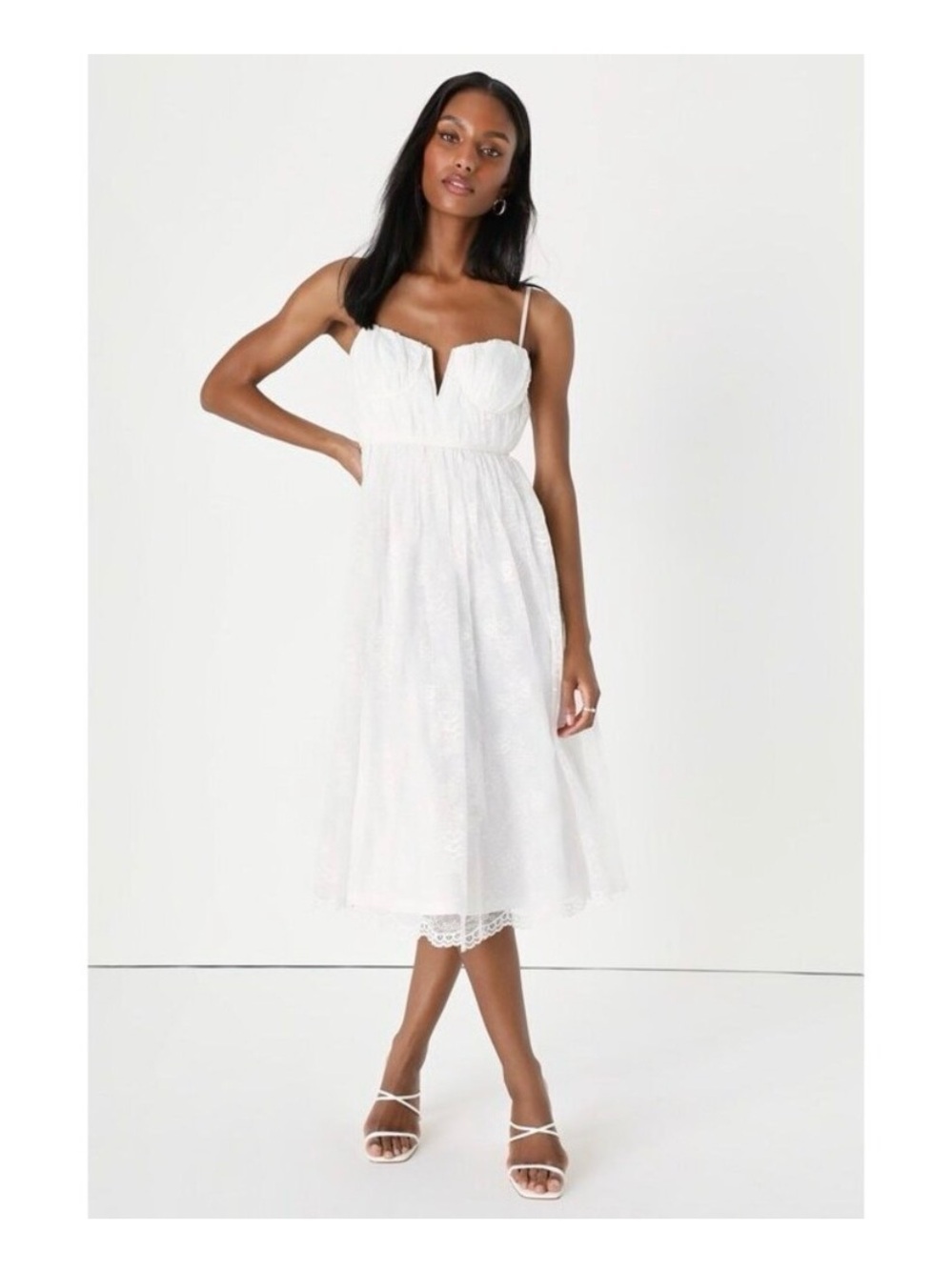 Lulus Dreamy Entrance White Lace Bustier Sleeveless Midi Dress Bridal Wedding